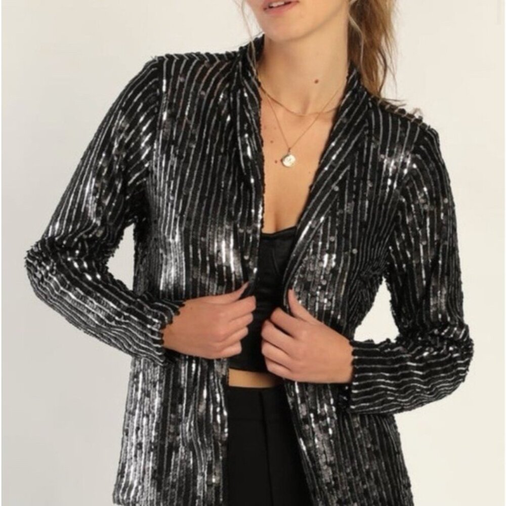 Lulus Sequin Jacket S Small Black Silver Wedding … - image 7